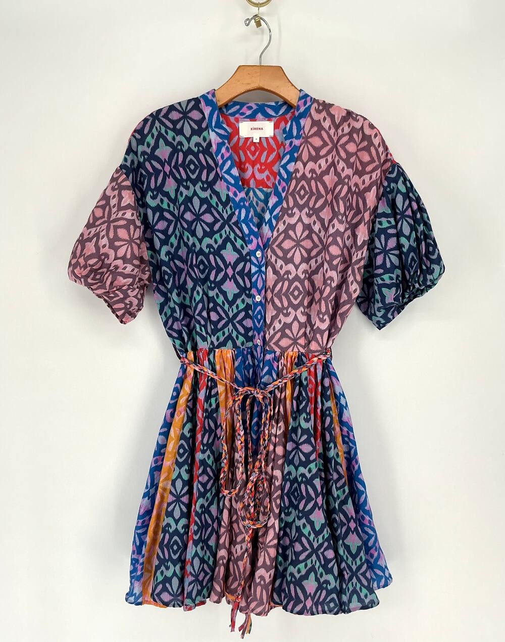 Xirena Lenna Dress M Fiesta Cotton Silk Ikat Print Belted Puff Sleeve Boho